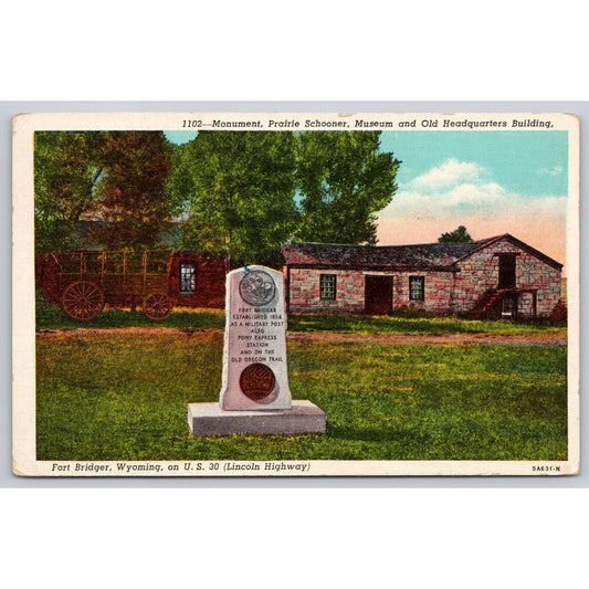 Postcard WY Fort Bridger Monument Prairie Schooner Museum And Old Headquarters