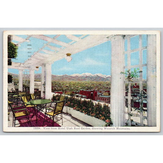 Postcard UT View From Hotel Utah Roof garden Showing Wasatch Mountains Linen A21