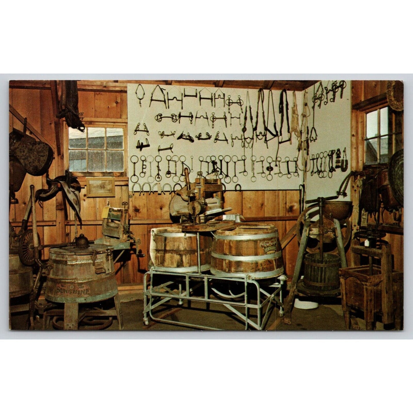 Postcard WI New Glarus Bauerngeraete Farm Implement Building Laundry Machines A6