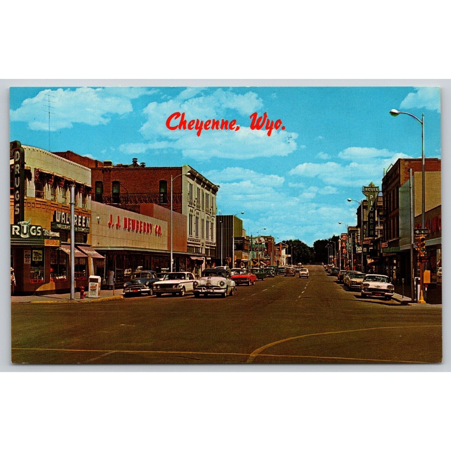 Postcard WY Cheyenne Seventeenth Street View Old Cars Walgreens UNP B10