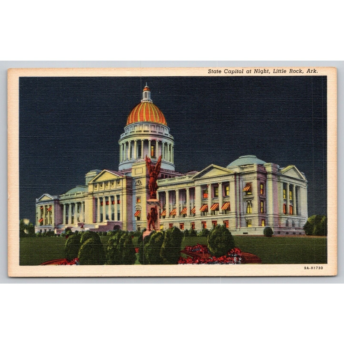 Postcard AR Little Rock State Capitol At Night Linen UNP A21