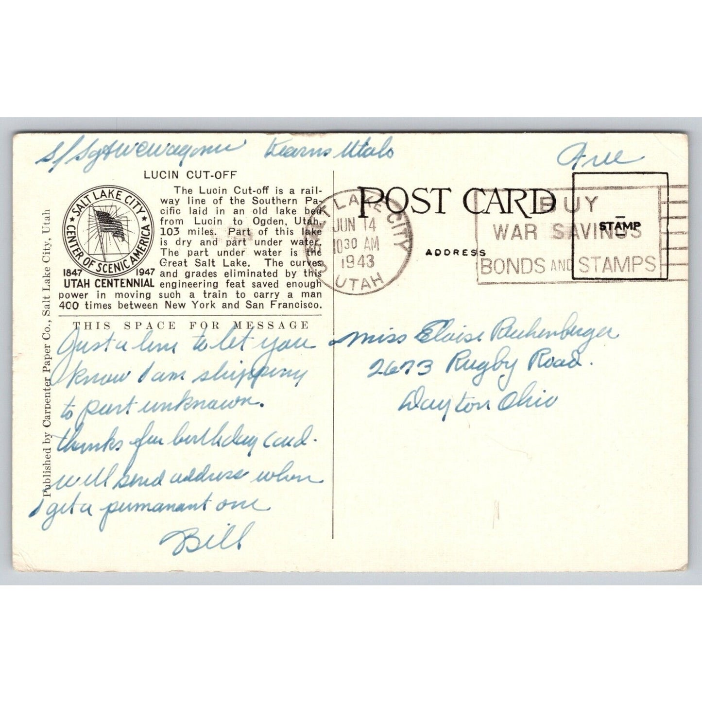 Postcard UT Great Salt Lake Lucin Cut-Off Southern Pacific