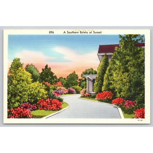 Postcard A Southern Estate At Sunset Linen UNP A17