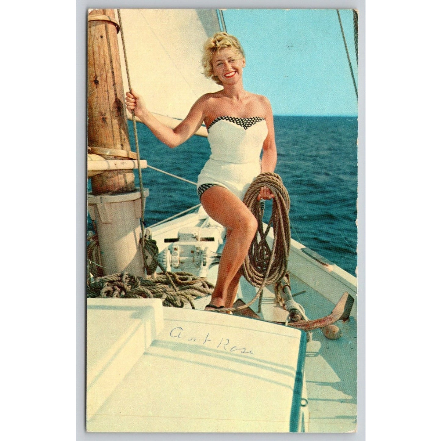 Postcard Woman In Bathing Suit On A Sailboat B36