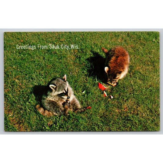 Postcard WI Sauk City Greetings From Sauk City Wisconsin Pair Of Racoons