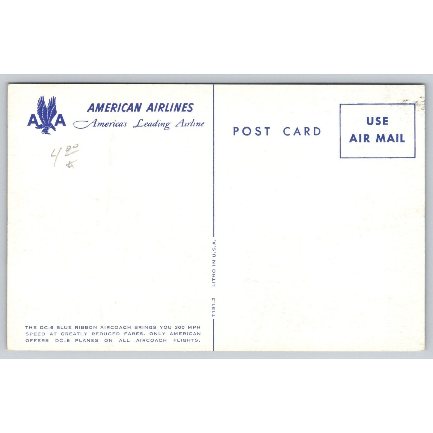 Postcard American Airlines The DC-6 Blue Ribbon Aircoach UNP B29