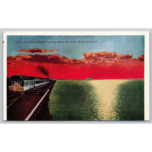 Postcard UT Salt lake City Overland Limited Crossing At Sunset Linen UNP A3