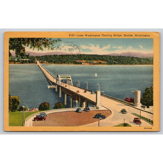 Postcard WA Seattle Lake Washington Floating Bridge Linen A1