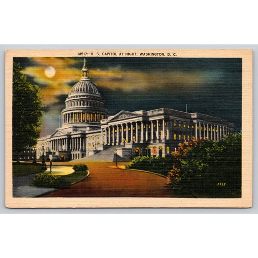 Postcard Washington D.C U.S. Capitol At Night Linen UNP A4