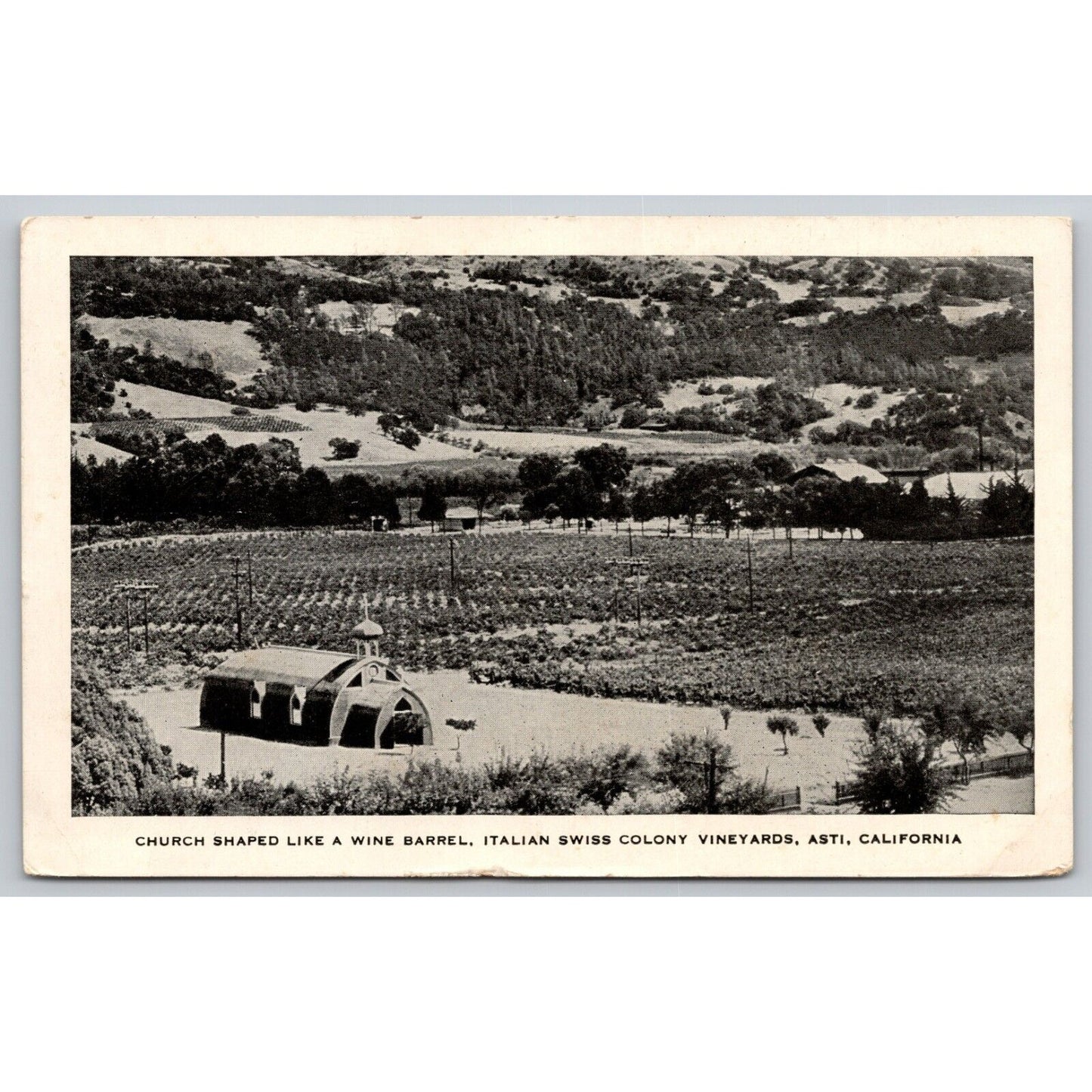 Postcard CA Asti Church Shaped Like A Wine Barrel Italian Swiss Colony Vineyards