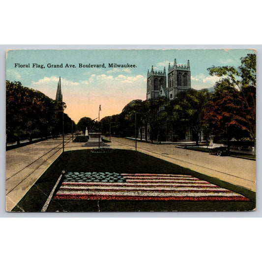 Postcard WI Milwaukee Floral Flag Grand Ave DB UNP A10