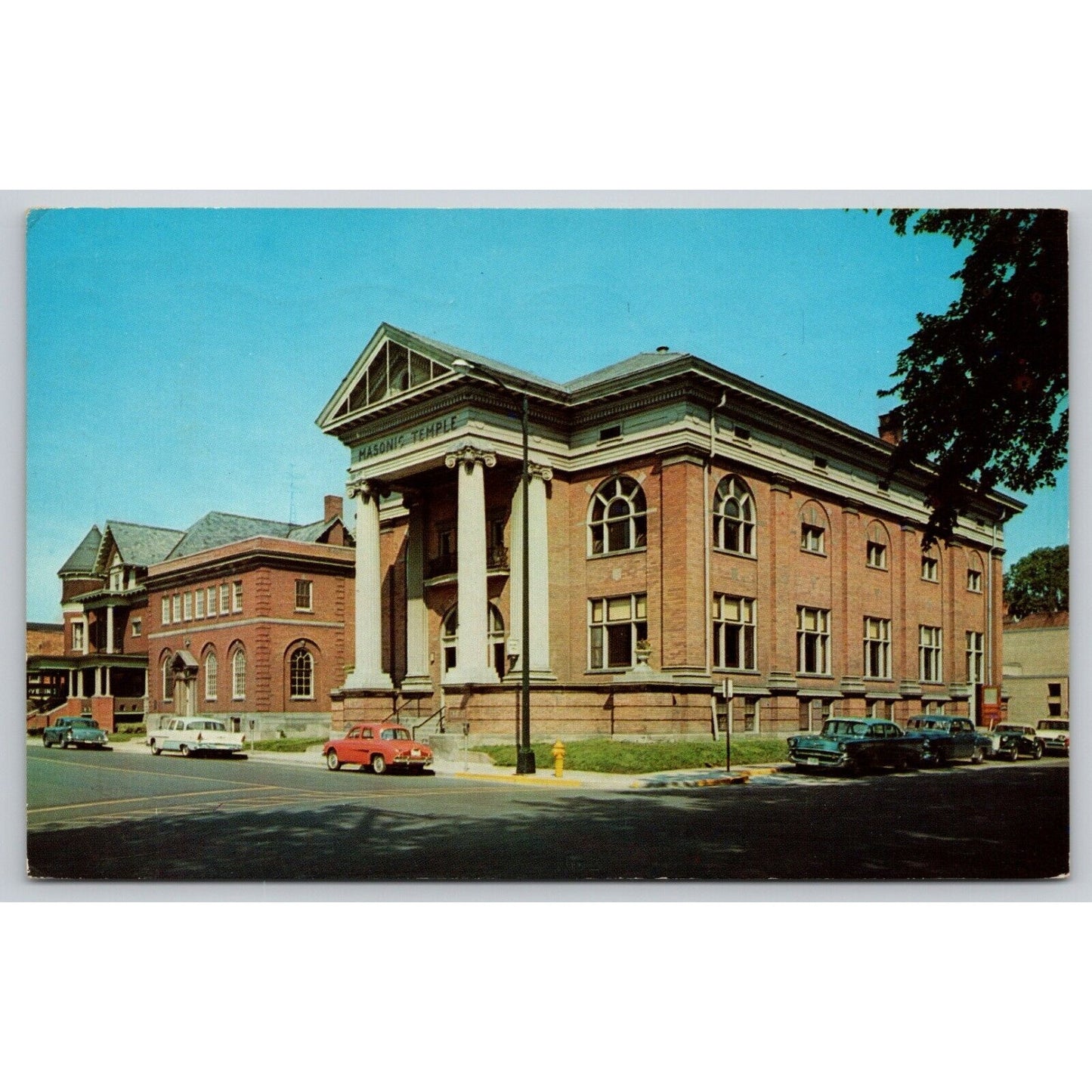 Postcard WI Fond du Lac Masonic Tempe Showing The Elks Club Classic Cars