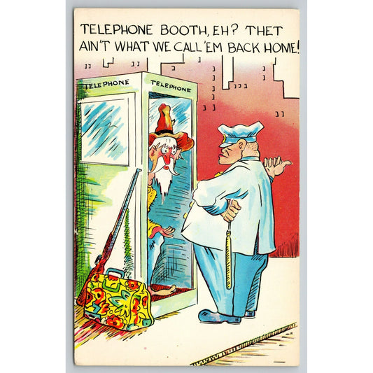 1940s Postcard With Humor Cartoon Illustration & "Telephone Booth" Caption