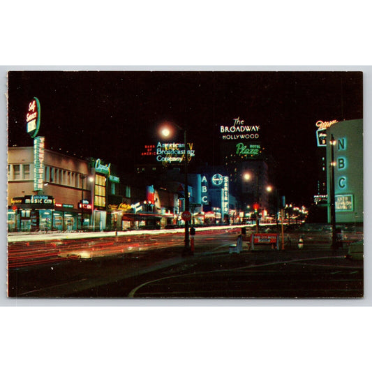 Postcard CA Hollywood Sunset And Vine Radio And Television Row At Night UNP B5