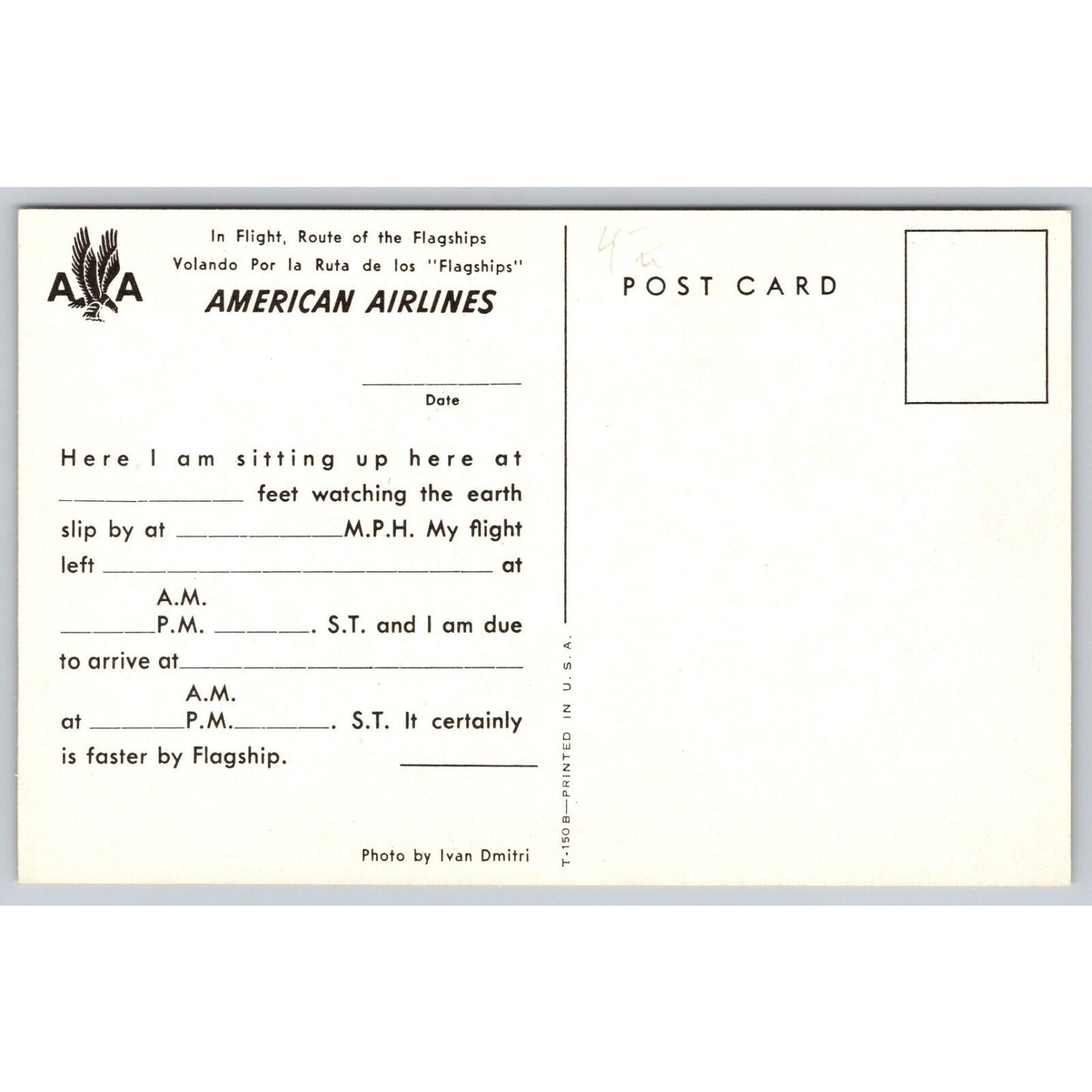 Postcard American Airlines In Flight Itinerary Card