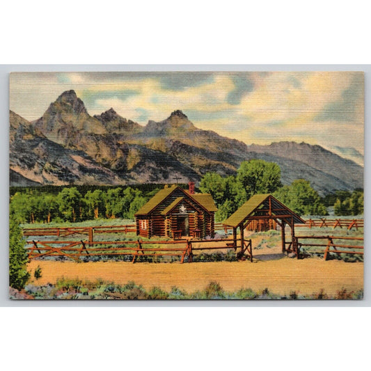 Postcard WY Jackson Hole Church Teton Mountains Snake River Linen UNP A1