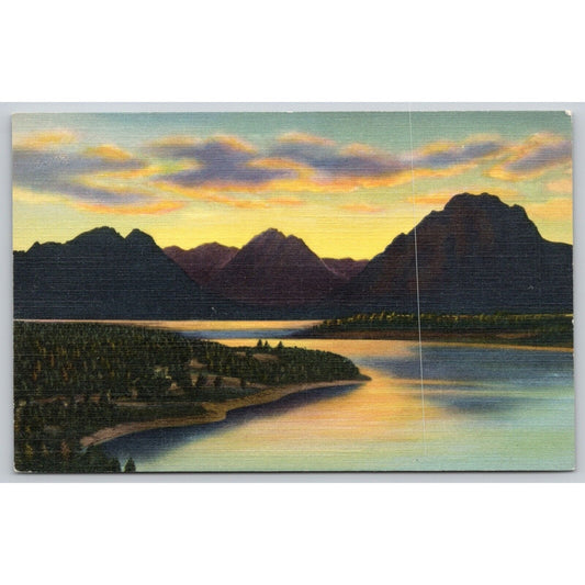 Postcard WY Sunset On The Tetons Looking Over Jackson Lake Mt Moran