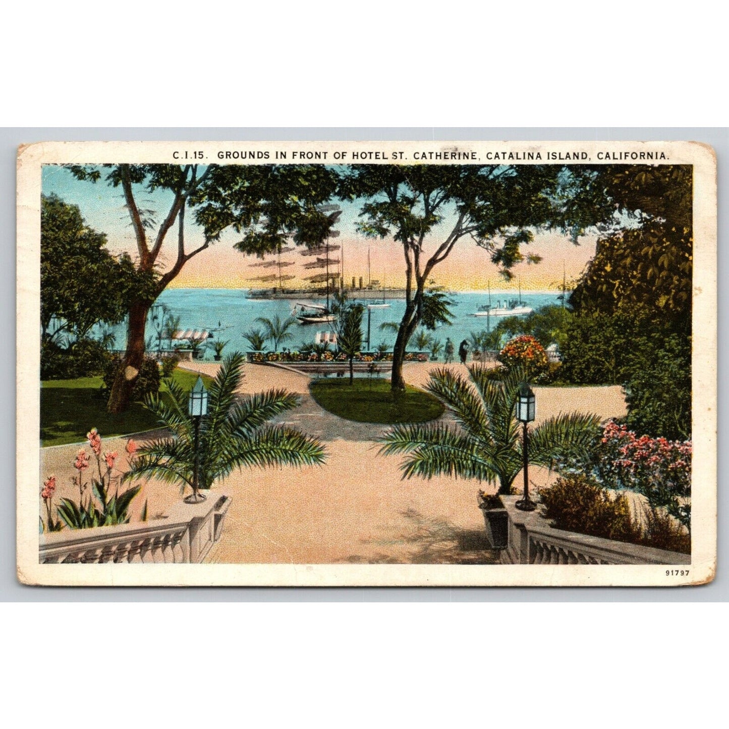 Postcard CA Catalina Island Grounds In Front Of Hotel St Catherine