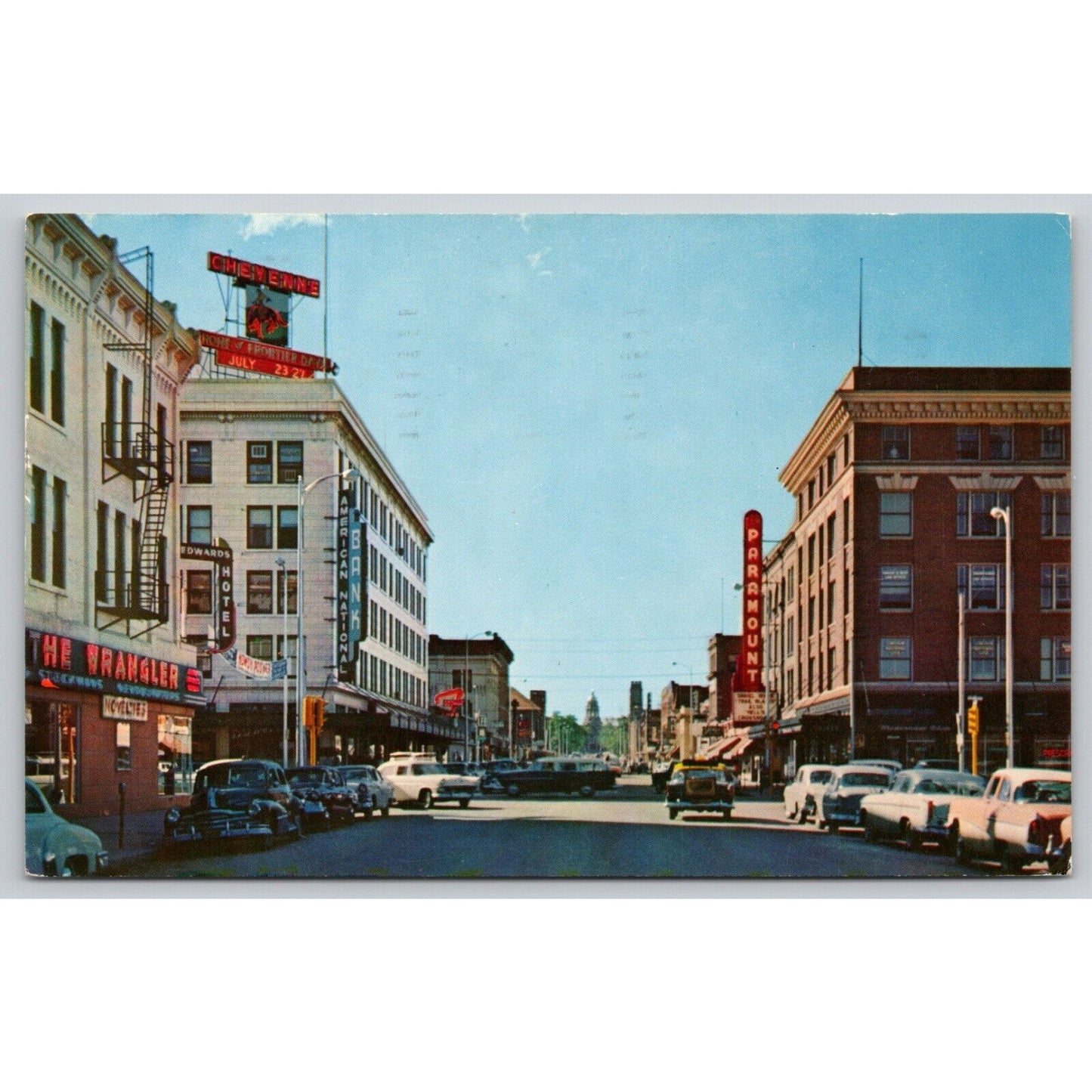 Postcard WY Cheyenne's Capitol Avenue Looking North Street Scene Old Cars B7