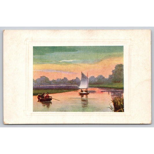 Postcard Water Scene Rowboat And Sailboat Embossed DB A22