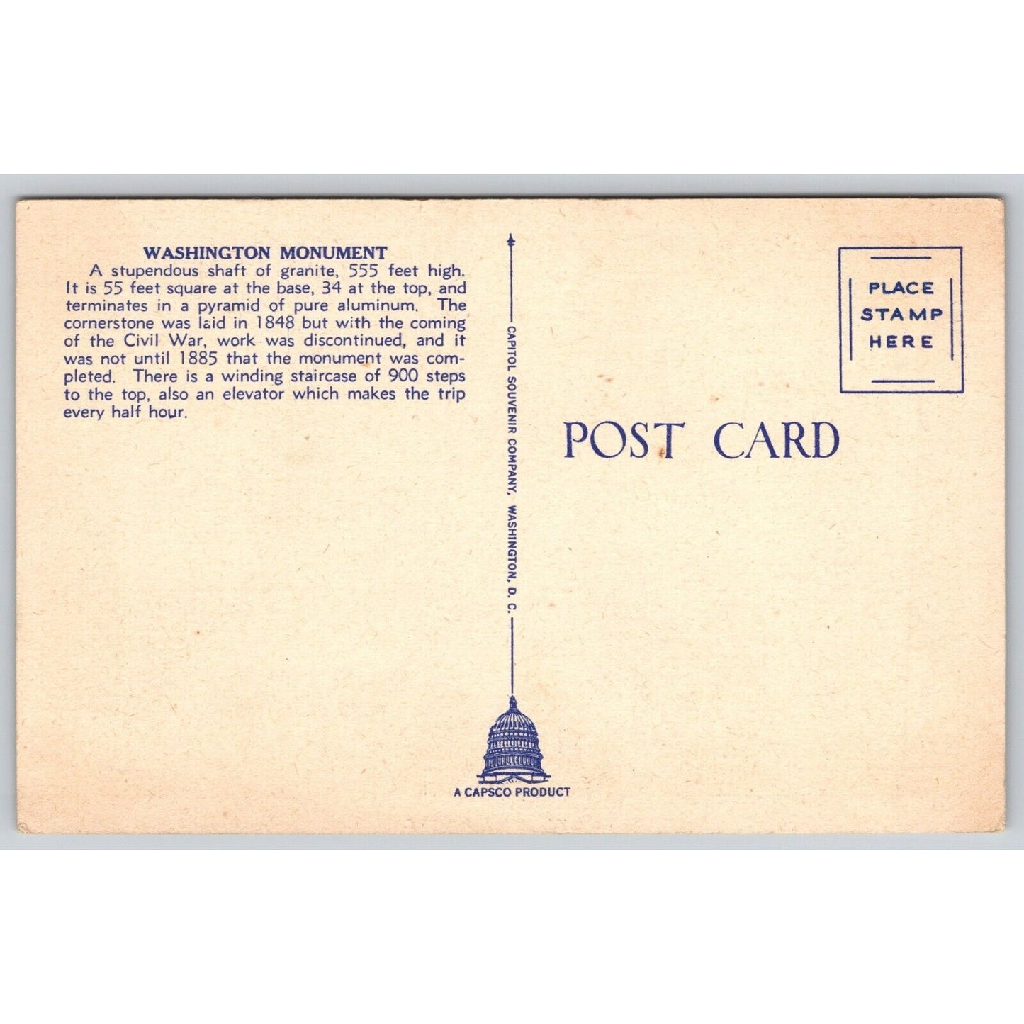 Postcard Washington D.C. Washington Monument Linen UNP A17