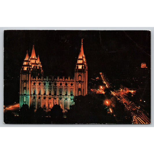 Postcard UT Utah Salt Lake City Mormon Temple At Night A21