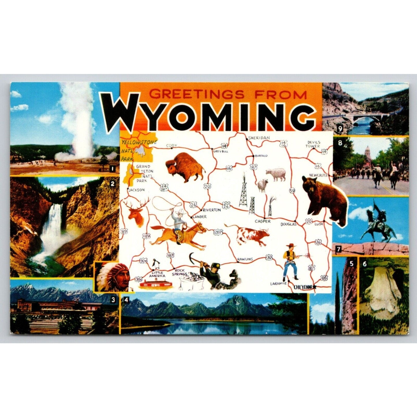 Postcard Wyoming State map With Multi Views Key Of Landmarks UNP B13