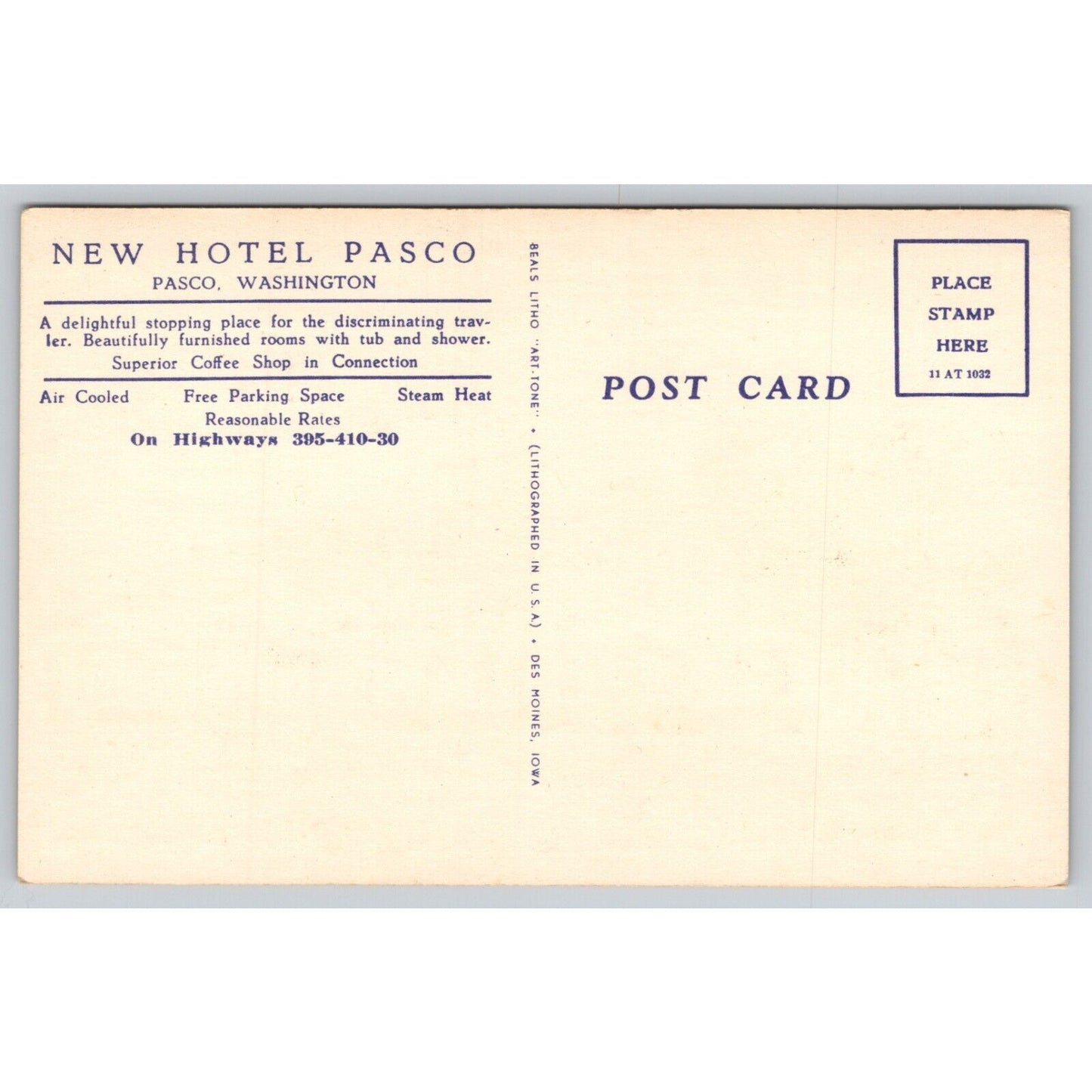 Postcard WA Pasco New Hotel Pasco Linen UNP A5