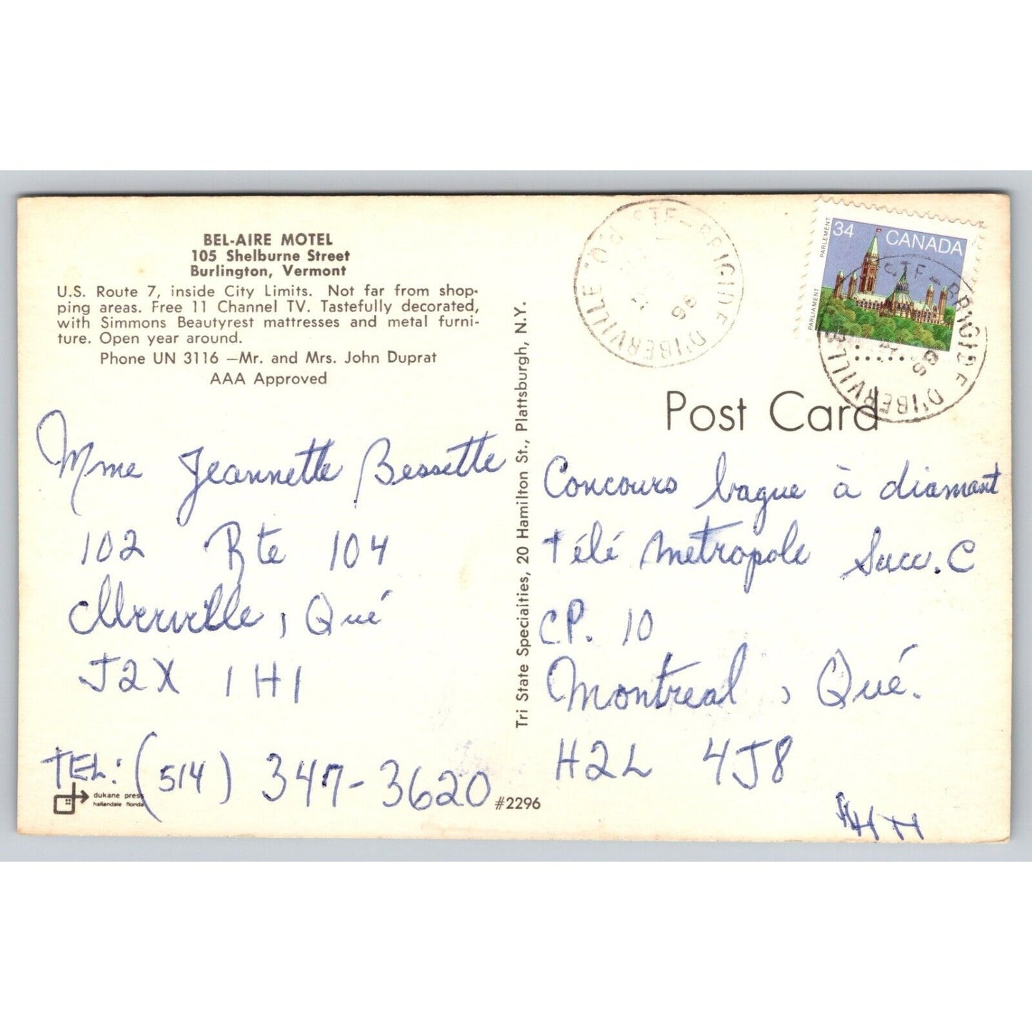 Postcard VT Burlington Bel-Aire Motel