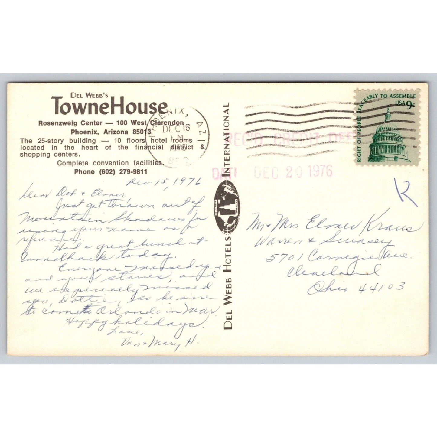 Postcard AZ Phoenix Towne House Hotel