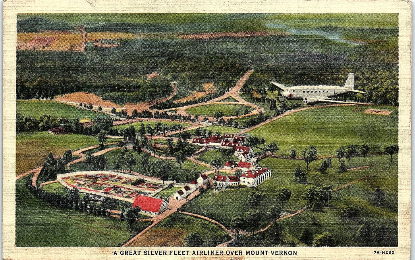 A Great Silver Fleet Airliner Over Mount Vernon, VA Postcard Eastern Airlines