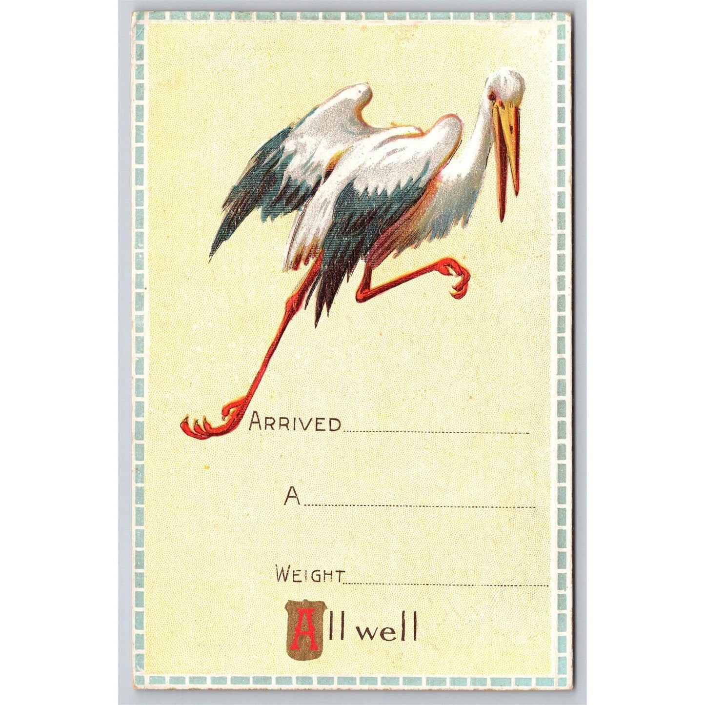 Postcard Baby Arrival Announcement Stork Embossed